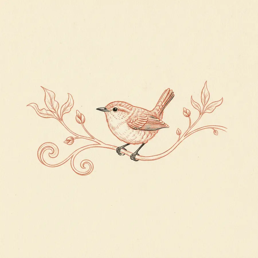 Line illustration of a wren among growing branches